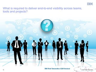 What is required to deliver end-to-end visibility across teams,
tools and projects?




14                                                            © 2011 IBM Corporation
 