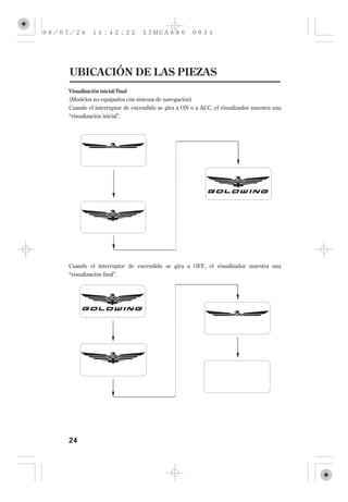 UBICACIÓN DE LAS PIEZAS
Visualización inicial/final
(Modelos no equipados con sistema de navegación)
Cuando el interruptor de encendido se gira a ON o a ACC, el visualizador muestra una
‘‘visualización inicial’’.




Cuando el interruptor de encendido se gira a OFF, el visualizador muestra una
‘‘visualización final’’.




24
 