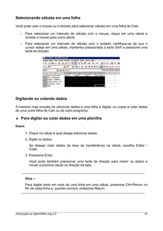 Selecionando células em uma folha
Você pode usar o mouse ou o teclado para selecionar células em uma folha do Calc.
• Para selecionar um intervalo de células com o mouse, clique em uma célula e
arraste o mouse para outra célula.
• Para selecionar um intervalo de células com o teclado, certifique-se de que o
cursor esteja em uma célula, mantenha pressionada a tecla Shift e pressione uma
tecla de direção.
Digitando ou colando dados
A maneira mais simples de adicionar dados a uma folha é digitar, ou copiar e colar dados
de uma outra folha do Calc ou de outro programa.
● Para digitar ou colar dados em uma planilha
Etapas
1. Clique na célula à qual deseja adicionar dados.
2. Digite os dados.
Se desejar colar dados da área de transferência na célula, escolha Editar -
Colar.
3. Pressione Enter.
Você pode também pressionar uma tecla de direção para inserir os dados e
mover a próxima célula na direção da seta.
Dica –
Para digitar texto em mais de uma linha em uma célula, pressione Ctrl+Return no
fim de cada linha e, quando concluir, pressione Return.
Introdução ao OpenOffice.org 2.0 37
 