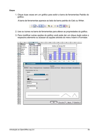 Etapas
1. Clique duas vezes em um gráfico para exibir a barra de ferramentas Padrão do
gráfico.
A barra de ferramentas aparece ao lado da barra padrão do Calc ou Writer.
2. Use os ícones na barra de ferramentas para alterar as propriedades do gráfico.
3. Para modificar outras opções do gráfico você pode dar um clique duplo sobre o
respectivo elemento ou acessar as opções através do menu Inserir e Formatar.
Introdução ao OpenOffice.org 2.0 50
 