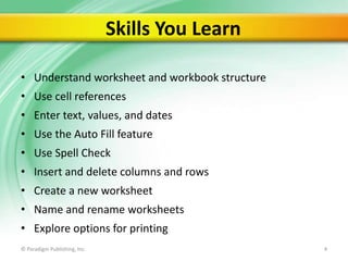 Skills You Learn
• Understand worksheet and workbook structure
• Use cell references
• Enter text, values, and dates
• Use the Auto Fill feature

• Use Spell Check
• Insert and delete columns and rows
• Create a new worksheet

• Name and rename worksheets
• Explore options for printing
© Paradigm Publishing, Inc.

4

 