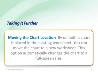 Moving the Chart Location By default, a chart
is placed in the existing worksheet. You can
move the chart to a new worksheet. This
option automatically changes the chart to a
full-screen size.
© Paradigm Publishing, Inc.

7

 