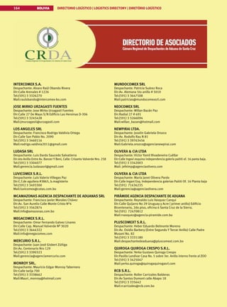 BOLIVIA DIRECTORIO LOGÍSTICO | LOGISTICS DIRECTORY | DIRETÓRIO LOGÍSTICO
164
INTERCOMEX S.A.
Despachante: Alvaro Raúl Obando Rivera
Dir:Calle Arenales # 1226
Tel:(591) 3 3326270
Mail:raulobando@intercomex-bo.com
JOSE MIRKO URZAGASTI FUENTES
Despachante: Jose Mirko Urzagasti Fuentes
Dir:Calle 27 De Mayo S/N Edificio Las Heroinas D-306
Tel:(591) 3 3245428
Mail:jmurzagasti@urzagasti.com
LOS ANGELES SRL
Despachante: Francisco Rodrigo Valdivia Ortega
Dir:Calle San Pablo No. 2090
Tel:(591) 3 3460116
Mail:rodrigo.valdivia2011@gmail.com
LUDASA SRL
Despachante: Luis Dardo Saucedo Salvatierra
Dir:4to Anillo Entre Av. Banzer Y Beni, Calle: Crisanto Valverde Nro. 258
Tel:(591) 3 3304077
Mail:gerencia.ludasasrl@gmail.com
LUVICOMEX S.R.L.
Despachante: Luis Valerio Villegas Paz
Dir:C.f.de aguilera #3865, b.magisterio
Tel:(591) 3 3493300
Mail:luvicomex@cotas.com.bo
MCAMAZONAS AGENCIA DESPACHANTE DE ADUANAS SRL
Despachante: Francisco Javier Morales Chávez
Dir:Av. San Aurelio Calle Monte Cristo N°4
Tel:(591) 3 3562874
Mail:info@amazonas.com.bo
MEGACOMEX S.R.L.
Despachante: Omar Fernando Galvez Linares
Dir:Calle Cap. Manuel Valverde Nº 3020
Tel:(591) 3 3644322
Mail:info@megacomex.com
MERCURIO S.R.L.
Despachante: Juan José Gisbert Zúñiga
Dir:Av. Centenario Nro 129
Tel:(591) 3 3390323
Mail:gerencia@agenciamercurio.com
MONROY SRL.
Despachante: Mauricio Edgar Monroy Tabernero
Dir:Calle tarija 700
Tel:(591) 3 3338662
Mail:Mauri_monroy@hotmail.com
MUNDOCOMEX SRL
Despachante: Patricia Suárez Roca
Dir:Av. Alemana 5to anillo # 5010
Tel:(591) 3 3647508
Mail:patricias@mundocomexsrl.com
NEOCOMEX SRL
Despachante: Willan Bazán Paz
Dir:Radial 27 # 691
Tel:(591) 3 3266094
Mail:willan_bazan@hotmail.com
NEWPIRAI LTDA.
Despachante: Joselin Gabriela Orozco
Dir:Av. Rodolfo Rau N 81
Tel:(591) 3 39763456
Mail:Gabriela.orozco@agencianewpirai.com
OLIVERA  CIA LTDA
Despachante: Víctor Yamil Rivadeneira Cuéllar
Dir:Calle Ingavi esquina independencia galería paititi of. 16 panta baja.
Tel:(591) 3 3342003
Mail: jefeimp@agenciaolivera.com
OLIVERA  CIA LTDA
Despachante: María Janet Olivera Pardo
Dir:Calle Ingavi Esq. Independencia galerias Paititi Of. 16 Planta baja
Tel:(591) 71636235
Mail:gerencia@agenciaolivera.com
PIRÁMIDE AGENCIA DESPACHANTE DE ADUANA
Despachante: Reynaldo Luis Vasquez Canqui
Dir:Calle Quijarro No 29 Uruguay y Acre ( primer anillo) Edificio
Bicentenario, 2do piso, oficina 6 Santa Cruz de la Sierra.
Tel:(591) 72470812
Mail:rvasquez@agencia-piramide.com.bo
PLUSCOMEXT S.R.L.
Despachante: Heber Eduardo Belmonte Moreno
Dir:Av. Ovidio Barbery (Entre Segundo Y Tercer Anillo) Calle Padre
Musani No. 82
Tel:(591) 3 3331180
Mail:despachantedeaduana@pluscomext.com.bo
QUIROGA QUIROGA CRESPO S.R.L.
Despachante: Yerko Gustavo Quiroga Crespo
Dir:Pasillo Landivar Casa No. 5 sobre 3er. Anillo interno frente al ZOO
Tel:(591) 3 3425047
Mail:yerko.quiroga@quirogaquirogasrl.com
RCB S.R.L.
Despachante: Roller Carrizales Balderas
Dir:Av Santos Dumont calle Abapo 18
Tel:(591) 3 335642
Mail:rcarrizales@rcb.com.bo
 