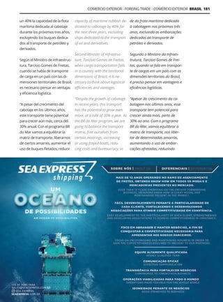 Guía Logística y de Comercio Exterior XVIII - 2021 - 2022 - www.guialogistica.info
COMERCIO EXTERIOR - FOREING TRADE - COMÉRCIO EXTERIOR BRASIL 181
SEA EXPRESS
un 40% la capacidad de la flota
marítima dedicada al cabotaje
durante los próximos tres años,
excluyendo los buques dedica-
dos al transporte de petróleo y
derivados.
Según el Ministro de Infraestruc-
tura, Tarcísio Gomes de Freitas,
cuando se habla de transporte
de carga en un país con las di-
mensiones territoriales de Brasil,
es necesario pensar en ventajas
y eficiencia logística.
“A pesar del crecimiento del
cabotaje en los últimos años,
este transporte tiene potencial
para crecer aún más, cerca del
30% anual. Con el programa BR
do Mar vamos a equilibrar la
matriz de transporte, liberarnos
de ciertos amarres, aumentar el
uso de buques fletados, reducir
de da frota marítima dedicada
à cabotagem nos próximos três
anos, excluindo as embarcações
dedicadas ao transporte de
petróleo e derivados.
Segundo o Ministro da Infraes-
trutura, Tarcísio Gomes de Frei-
tas, quando se fala em transpor-
te de cargas em um país com as
dimensões territoriais do Brasil,
é preciso pensar em vantagens e
eficiências logísticas.
“Apesar do crescimento da ca-
botagem nos últimos anos, esse
transporte tem potencial para
crescer ainda mais, perto de
30% ao ano. Com o programa
BR do Mar, vamos equilibrar a
matriz de transporte, nos liber-
tar de determinadas amarras,
aumentando o uso de embar-
cações afretadas, reduzindo
capacity of maritime rubbish de-
dicated to cabotage by 40% for
the next three years, excluding
ships dedicated to the transport
of oil and derivatives.
Second Minister of Infrastruc-
ture, Tarcísio Gomes de Freitas,
when cargo transportation fails
in a country with the territorial
dimensions of Brazil, it is ne-
cessary to think about logistical
efficiencies and vantages.
“Despite the growth of cabotage
in recent years, this transport
has the potential to grow even
more, at a rate of 30% a year. As
the BR do Mar program, we are
going to balance the transport
matrix, free ourselves from
certain moorings, increasing
or using frayed boats, redu-
cing costs and bureaucracy, in
 