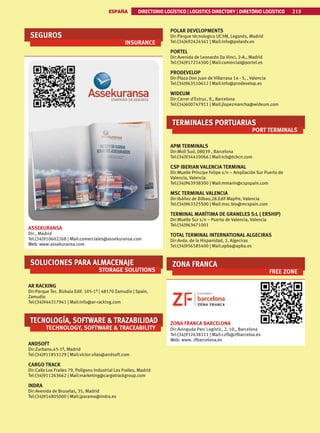 ESPAÑA DIRECTORIO LOGÍSTICO | LOGISTICS DIRECTORY | DIRETÓRIO LOGÍSTICO 219
SEGUROS
INSURANCE
ASSEKURANSA
Dir:, Madrid
Tel:(34)910602268 | Mail:comerciales@assekuransa.com
Web: www.assekuransa.com
SOLUCIONES PARA ALMACENAJE
STORAGE SOLUTIONS
AR RACKING
Dir:Parque Tec. Bizkaia Edif. 105-1º | 48170 Zamudio | Spain,
Zamudio
Tel:(34)944317941 | Mail:info@ar-racking.com
TECNOLOGÍA, SOFTWARE  TRAZABILIDAD
TECHNOLOGY, SOFTWARE  TRACEABILITY
ANDSOFT
Dir:Zurbano,45-1ª, Madrid
Tel:(34)911853129 | Mail:victor.vilas@andsoft.com
CARGO TRACK
Dir:Calle Los Frailes 79, Polígono Industrial Los Frailes, Madrid
Tel:(34)911263662 | Mail:marketing@cargotrackgroup.com
INDRA
Dir:Avenida de Bruselas, 35, Madrid
Tel:(34)914805000 | Mail:jparamo@indra.es
POLAR DEVELOPMENTS
Dir:Parque técnologico UC3M, Leganés, Madrid
Tel:(34)692424561 | Mail:info@polardv.es
PORTEL
Dir:Avenida de Leonardo Da Vinci, 2-A., Madrid
Tel:(34)917214500 | Mail:comercial@portel.es
PRODEVELOP
Dir:Plaza Don Juan de Villarrasa 14 - 5, , Valencia
Tel:(34)963510612 | Mail:info@prodevelop.es
WIDEUM
Dir:Carrer d’Estruc, 9,, Barcelona
Tel:(34)600747911 | Mail:jlopezmancha@wideum.com
TERMINALES PORTUARIAS
PORT TERMINALS
APM TERMINALS
Dir:Moll Sud, 08039 , Barcelona
Tel:(34)934410066 | Mail:tcb@tcbcn.com
CSP IBERIAN VALENCIA TERMINAL
Dir:Muelle Príncipe Felipe s/n – Ampliación Sur Puerto de
Valencia, Valencia
Tel:(34)963938300 | Mail:mmarin@cspspain.com
MSC TERMINAL VALENCIA
Dir:Ibáñez de Bilbao,28.Edif Mapfre, Valencia
Tel:(34)963325500 | Mail:msc.bio@mcspain.com
TERMINAL MARÍTIMA DE GRANELES S:L ( ERSHIP)
Dir:Muelle Sur s/n – Puerto de Valencia, Valencia
Tel:(34)963671001
TOTAL TERMINAL INTERNATIONAL ALGECIRAS
Dir:Avda. de la Hispanidad, 2, Algeciras
Tel:(34)956585400 | Mail:apba@apba.es
ZONA FRANCA
FREE ZONE
ZONA FRANCA BARCELONA
Dir:Avinguda Parc Logístic, 2, 10,, Barcelona
Tel:(34)932638111 | Mail:czfb@zfbarceloa.es
Web: www. zfbarcelona.es
 