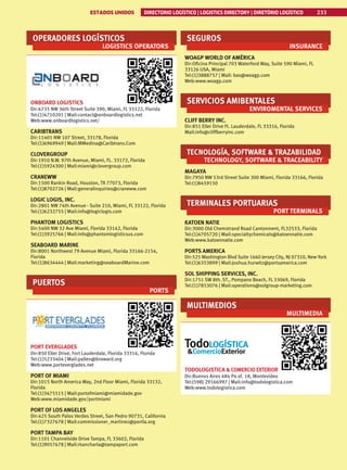 ESTADOS UNIDOS DIRECTORIO LOGÍSTICO | LOGISTICS DIRECTORY | DIRETÓRIO LOGÍSTICO 233
OPERADORES LOGÍSTICOS
LOGISTICS OPERATORS
ONBOARD LOGISTICS
Dir:6735 NW 36th Street Suite 390, Miami, FL 33122, Florida
Tel:(1)4710201 | Mail:contact@onboardlogistics.net
Web:www.onboardlogistics.net/
CARIBTRANS
Dir:11401 NW 107 Street, 33178, Florida
Tel:(1)6969949 | Mail:MMedina@Caribtrans.Com
CLOVERGROUP
Dir:1910 N.W. 97th Avenue, Miami, FL. 33172, Florida
Tel:(1)5924300 | Mail:miami@clovergroup.com
CRANEWW
Dir:1500 Rankin Road, Houston, TX 77073, Florida
Tel:(1)8702726 | Mail:generalinquiries@craneww.com
LOGIC LOGIS, INC.
Dir:2801 NW 74th Avenue - Suite 210, Miami, FL 33122, Florida
Tel:(1)6232755 | Mail:info@logiclogis.com
PHANTOM LOGISTICS
Dir:5400 NW 32 Ave Miami, Florida 33142, Florida
Tel:(1)3925766 | Mail:info@phantomlogisticsus.com
SEABOARD MARINE
Dir:8001 Northwest 79 Avenue Miami, Florida 33166-2154,
Florida
Tel:(1)8634444 | Mail:marketing@seaboardMarine.com
PUERTOS
PORTS
PORT EVERGLADES
Dir:850 Eller Drive, Fort Lauderdale, Florida 33316, Florida
Tel:(1)5233404 | Mail:pallen@broward.org
Web:www.porteverglades.net
PORT OF MIAMI
Dir:1015 North America Way, 2nd Floor Miami, Florida 33132,
Florida
Tel:(1)3475515 | Mail:portofmiami@miamidade.gov
Web:www.miamidade.gov/portmiami
PORT OF LOS ANGELES
Dir:425 South Palos Verdes Street, San Pedro 90731, California
Tel:(1)7327678 | Mail:commissioner_martinez@portla.org
PORT TAMPA BAY
Dir:1101 Channelside Drive Tampa, FL 33602, Florida
Tel:(1)9057678 | Mail:rkancharla@tampaport.com
SEGUROS
INSURANCE
WOAGP WORLD OF AMÉRICA
Dir:Oficina Principal 703 Waterford Way, Suite 590 Miami, FL
33126 USA, Miami
Tel:(1)3888757 | Mail: bas@woagp.com
Web:www.woagp.com
SERVICIOS AMIBENTALES
ENVIROMENTAL SERVICES
CLIFF BERRY INC.
Dir:851 Eller Drive Ft. Lauderdale, FL 33316, Florida
Mail:info@cliffberryinc.com
TECNOLOGÍA, SOFTWARE  TRAZABILIDAD
TECHNOLOGY, SOFTWARE  TRACEABILITY
MAGAYA
Dir:7950 NW 53rd Street Suite 300 Miami, Florida 33166, Florida
Tel:(1)8459150
TERMINALES PORTUARIAS
PORT TERMINALS
KATOEN NATIE
Dir:3000 Old Chemstrand Road Cantonment, FL32533, Florida
Tel:(1)4705720 | Mail:specialtychemicals@katoennatie.com
Web:www.katoennatie.com
PORTS AMERICA
Dir:525 Washington Blvd Suite 1660 Jersey City, NJ 07310, New York
Tel:(1)6353899 | Mail:joshua.hurwitz@portsamerica.com
SOL SHIPPING SERVICES, INC.
Dir:1751 SW 8th. ST., Pompano Beach, FL 33069, Florida
Tel:(1)7853076 | Mail:operations@solgroup-marketing.com
MULTIMEDIOS
MULTIMEDIA
TODOLOGISTICA  COMERCIO EXTERIOR
Dir:Buenos Aires 484 P4 of. 18, Montevideo
Tel:(598) 29166997 | Mail:info@todologistica.com
Web:www.todologistica.com
 