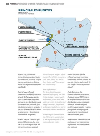 Guía Logística y de Comercio Exterior XVIII - 2021-2022 - www.guialogistica.info
262 PARAGUAY COMERCIO EXTERIOR - FOREIGN TRADE- COMÉRCIO EXTERIOR
Puerto San José: Ofrece
infraestructura para vehículos,
contenedores, bobinas, chapas
de acero, etc. y como dice su
lema “Su carga nuestra respon-
sabilidad”.
Puerto Seguro Fluvial:
La terminal multipropósito más
grande de Paraguay, cuenta
con 100 hectáreas de predio
portuario con distribución para
zona de muelle, básculas, pre-
dio de contenedores cargados y
vacíos, andenes de verificación
y vaciamiento y depósitos de
mercaderías en general.
Puerto Terport: Terminal que
posee 19 hectá­
reas, fue otro
de los puntos importantes del
comercio exterior nacional.
PRINCIPALES PUERTOS
MAIN PORTS
PRINCIPAIS PORTOS
Puerto San José: It offers infras-
tructure for vehicles, containers,
coils, steel sheets, etc, and as
their slogan says “Your cargo,
our responsibility”.
River Safe Harbor:
The largest multipurpose
terminal in Paraguay, has 100
hectares of port property with
distribution for the dock area,
scales, premises for loaded and
empty containers, verification
and emptying platforms and ge-
neral merchandise warehouses.
Puerto Terport: Terminal that
has 19 hectares, was another
of the important points of the
national foreign trade.
Puerto San José: Oferece
infraestrutura para veículos,
contêineres, bobinas, chapas de
aço, etc. e como seu lema diz “A
sua carga, a nossa responsabi-
lidade”.
Porto Seguro no Rio:
O maior terminal multiuso do
Paraguai, possui 100 hectares
de propriedade portuária com
distribuição para área de cais,
balanças, instalações para
contêineres carregados e vazios,
plataformas de verificação e
esvaziamento e depósitos de
mercadorias em geral.
PortoTerport: Terminal com 19
hectares, foi outro dos pontos
importantes do comércio exte-
rior nacional.
 
