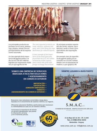 INDUSTRIA LOGÍSTICA - LOGISTICS - SETOR LOGÍSTICO URUGUAY 291
Guía Logística y de Comercio Exterior XVIII - 2021 - 2022 - www.guialogistica.info
Los principales productos ex-
portados son la carne, celulosa,
soja y lácteos, siendo China el
principal destino de las exporta-
ciones nacionales.
Un claro ejemplo de la impor-
tancia del gigante asiático, se
dio con los US$ 347 millones
logrados por exportación made-
rera, lo que significó el 4%
The main exported products are
meat, cellulose, soybeans and
dairy, with China being the main
destination for national exports.
A clear example of the impor-
tance of the Asian giant was
found with the US $ 347 million
achieved by timber exports,
which meant 4% of the total
foreign exchange that entered
Os principais produtos exporta-
dos são carnes, celulose, soja e
laticínios, sendo a China o prin-
cipal destino das exportações
nacionais.
Um exemplo claro da importân-
cia do gigante asiático foi en-
contrado nos US $347 milhões
obtidos com as exportações de
madeira, o que significou 4%
S.M.A.C.
 