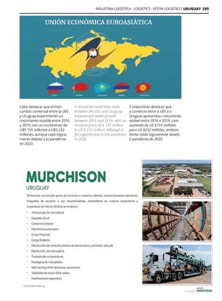 INDUSTRIA LOGÍSTICA - LOGISTICS - SETOR LOGÍSTICO URUGUAY 295
Guía Logística y de Comercio Exterior XVIII - 2021 - 2022 - www.guialogistica.info
Cabe destacar que el inter-
cambio comercial entre la UEE
y Uruguay experimentó un
crecimiento estable entre 2016
y 2019, con un incremento de
U$S 155 millones a U$S 232
millones, aunque cayó lógica-
mente debido a la pandemia
en 2020.
It should be noted that trade
between the EEU and Uruguay
experienced stable growth
between 2016 and 2019, with an
increase from US $ 155 million
to US $ 232 million, although it
fell logically due to the pandemic
in 2020.
É importante destacar que
o comércio entre a UEE e o
Uruguai apresentou crescimento
estável entre 2016 e 2019, com
aumento de US $155 milhões
para US $232 milhões, embora
tenha caído logicamente devido
à pandemia de 2020.
MURCHISON URUGUAY
 