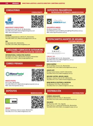 336 URUGUAY DIRECTORIO LOGÍSTICO | LOGISTICS DIRECTORY | DIRETÓRIO LOGÍSTICO
URUGUAY DIRECTORIO LOGÍSTICO | LOGISTICS DIRECTORY | DIRETÓRIO LOGÍSTICO
336
CONSULTORAS
CONSULTANTS
MERCOSOFT CONSULTORES
Dir:Buenos Aires 484 P4 of. 18, Montevideo
Tel:(598) 2916 6997 | Mail:info@todologistica.com
Web: www.todologistica.com
POSSUM
Dir:Plaza Independencia 1380 bis P1, Montevideo
Tel:(598) 2908 2525 | Mail:contacto@possum.com.uy
IBA
Dir:Agraciada 2621, Montevideo
Tel:(598) 2203 9984 | Mail:iba@ibauy.com
CONSULTORÍAYSERVICIOSDEOUTSOURCING
CONSULTING  OUTSOURCING SERVICES
INTERNATIONAL CONSULTING BUREAU
Dir:Zabala 1441 Piso 1 Montevideo Uruguay, Montevideo
Tel:(598) 2915 8981* | Mail:Info@icbglobal.com
CORREO PRIVADO
COURIER
MARCO POSTAL
Dir:Yi 1481, Montevideo
Tel:(598) 2900 4277 | Mail:informes@marcopostal.com.uy
Web: www.marcopostal.com.uy
DEPÓSITOS
WAREHOUSING
INESAR
Dir:Cno. Tomkinson 3501 (c/ruta1), Montevideo
Tel:(598) 2313 7525 | Mail:info@inesar.com
DEPOSITOS FRIGORÍFICOS
REFRIGERATED STORAGE  WAREHOUSING
FRIGORÍFICO ARBIZA
Dir:Arturo Lezama 2158
Tel:(598)2924 4167/8 I Mail:b.perez@frigorificoarbiza.com.uy
Web: www.frigorificoarbiza.com.uy
DESPACHANTES/AGENTES DE ADUANA
CUSTOMS BROKERS
S.M.A.C. S.C.
Dir:25 de Mayo 467 of. 201, Montevideo
Tel:(598) 2916 3232 | Mail:info@Smac.com.uy
Web: www.smac.com.uy
DIEGO MUÑOZ
Dir:25 de Mayo 313 of. 231, Montevideo
Tel:(598) 2916 2249 | Mail:contacto@munoz.com.uy
GRUPO EPP
Dir:Juan Carlos Gomez 1348 P7, Montevideo
Tel:(598) 2916 0150 | Mail:info@epp.com.uy
MELONE CASTRO, MIGUEL ANGEL
Dir:Juan C. Gomez 1476 of. 607, Montevideo
Tel:(598) 2915 4237 | Mail:mmelone4@gmail.com
MRM MURILLO RUFFINELLI MOREIRA
Dir:Misiones 1537 Piso 5, Montevideo
Tel:(598) 2916 3171 | Mail:mrm@mrm.com.uy
DISTRIBUCIÓN
DISTRIBUTION
CORREO URUGUAYO
Dir:Buenos Aires 451 Piso 1º, Montevideo
Tel:(598) 2916 0200 | Mail:contacto@correo.com.uy
ENCARGO
Dir:Asuncion 1487 - Suc. Aguada
Ruta 5 km 27,5 - Centro de Distribución, Montevideo
Tel:(598) 2929 2020 | Mail: encargo@encargo.com.uy
 