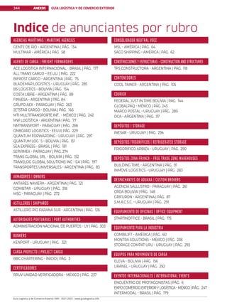 ANEXOS GUÍA LOGÍSTICA Y DE COMERCIO EXTERIOR
344
Guía Logística y de Comercio Exterior XVIII - 2021-2022 - www.guialogistica.info
AGENCIAS MARÍTIMAS | MARITIME AGENCIES
GENTE DE RIO - ARGENTINA | PÁG. 134
MULTIMAR - AMÉRICA | PÁG. 58
AGENTE DE CARGA | FREIGHT FORWARDERS
ACE LOGÍSTICA INTERNACIONAL - BRASIL | PÁG. 177
ALL TRANS CARGO – EE.UU. | PÁG. 222
BIFROST CARGO - ARGENTINA | PÁG. 75
BLADEMAR LOGISTICS - URUGUAY | PÁG. 285
BS LOGISTICS - BOLIVIA | PÁG. 154
COSTA LIBRE - ARGENTINA | PÁG. 89
FINVESA - ARGENTINA | PÁG. 84
GRUPO AEX - PARAGUAY | PÁG. 263
JETSTAR CARGO - BOLIVIA | PÁG. 146
MTI MULTITRANSPORTE INT. - MÉXICO | PÁG. 242
MW LOGÍSTICA - ARGENTINA | PÁG. 77
NMTRANSPORT - PARAGUAY | PÁG. 266
ONBOARD LOGISTICS - EEUU| PÁG. 229
QUANTUM FORWARDING - URUGUAY | PÁG. 297
QUANTUM LOG´S - BOLIVIA | PÁG. 151
SEA EXPRESS - BRASIL | PÁG. 181
SERVIMEX - PARAGUAY | PÁG. 274
TRANS GLOBAL SRL - BOLIVIA | PÁG. 152
TRANSLOG GLOBAL SOLUTIONS INC - CA | PÁG. 197
TRANSPORTES UNIVERSALES - ARGENTINA | PÁG. 83
ARMADORES | OWNERS
ANTARES NAVIERA - ARGENTINA | PÁG. 121
GOMISTAR - URUGUAY | PÁG. 318
MSG - PARAGUAY | PÁG. 272
ASTILLEROS | SHIPYARDS
ASTILLERO RÍO PARANÁ SUR - ARGENTINA | PÁG. 126
AUTORIDADES PORTUARIAS | PORT AUTHORITIES
ADMINISTRACIÓN NACIONAL DE PUERTOS - UY | PÁG. 303
BUNKERS
KENPORT - URUGUAY | PÁG. 321
CARGA PROYECTO | PROJECT CARGO
BBC CHARTERING - INICIO | PÁG. 3
CERTIFICADORES
RRUV UNIDAD VERIFICADORA - MÉXICO | PÁG. 237
CONSOLIDADOR NEUTRAL VOCC
MSL - AMÉRICA | PÁG. 64
SACO SHIPPING - AMÉRICA | PÁG. 62
CONSTRUCCIONES Y ESTRUCTURAS - CONSTRUCTION AND STRUCTURES
TPS CONSTRUCTORA - ARGENTINA | PÁG. 118
CONTENEDORES
COOL TAINER - ARGENTINA | PÁG. 105
COURIER
FEDERAL JUST IN TIME BOLIVIA | PÁG. 144
GLOBALPAQ - MÉXICO | PÁG. 245
MARCO POSTAL - URUGUAY | PÁG. 289
OCA - ARGENTINA | PÁG. 97
DEPÓSITOS | STORAGE
INESAR - URUGUAY | PÁG. 294
DEPÓSITOS FRIGORÍFICOS | REFRIGERATED STORAGE
FRIGORÍFICO ARBIZA - URUGUAY | PÁG. 290
DEPÓSITOS ZONA FRANCA - FREE TRADE ZONE WAREHOUSES
BUILDING TIME - ARGENTINA | PÁG. 91
INMOVE LOGISTICS - URUGUAY | PÁG. 283
DESPACHANTES DE ADUANA | CUSTOM BROKERS
AGENCIA SALLUSTRO - PARAGUAY | PÁG. 261
CRDA BOLIVIA | PÁG. 148
GRIFURON - ARGENTINA | PÁG. 87
S.M.A.C.S.C. - URUGUAY | PÁG. 291
EQUIPAMIENTO DE OFICINAS | OFFICE EQUIPMENT
STARTINOFFICE - BRASIL | PÁG. 175
EQUIPAMIENTO PARA LA INDUSTRIA
COMBILIFT - AMÉRICA | PÁG. 60
MONTRA SOLUTIONS - MÉXICO | PÁG. 238
STORAGE COMPAT URU - URUGUAY | PÁG. 293
EQUIPOS PARA MOVIMIENTO DE CARGA
ELEVA - BOLIVIA | PÁG. 156
URANEL - URUGUAY | PÁG. 292
EVENTOS INTERNACIONALES | INTERNATIONAL EVENTS
ENCUENTRO DE PROTAGONISTAS | PÁG. 6
EXPOCOMERCIOEXTERIORYLOGÍSTICA-MÉXICO|PÁG. 247
INTERMODAL - BRASIL | PÁG. 179
Indice de anunciantes por rubro
 