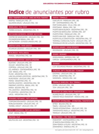 GUÍA LOGÍSTICA Y DE COMERCIO EXTERIOR ANEXOS 345
Guía Logística y de Comercio Exterior XVIII - 2021 - 2022 - www.guialogistica.info
Indice de anunciantes por rubro
GRÚASYTRANSPORTES ESPECIALES - CRANES AND SPECIAL TRANSPORTS
MARTEK - PARAGUAY | PÁG. 271
SALOMÓN GRÚAS - URUGUAY | PÁG. 333
INMOBILIARIAS | REAL ESTATE
TORIBIO ACHAVAL - ARGENTINA | PÁG. 111
INSTITUCIONES REFERENTES | REFERENT INSTITUTIONS
CENTRO DE NAVEGACIÓN - URUGUAY | PÁG. 322
FECOMERCIOSP BRASIL | PÁG. 183
GKF NETWORK - ESTADOS UNIDOS | PÁG. 231
LOGÍSTICA FLUVIAL | RIVER LOGISTICS
ATLANSUR LOGISTICS - URUGUAY | PÁG. 309
METALÚRGICAS / METALLURGICAL
PERSOL - ARGENTINA | PÁG. 109
OPERADORES LOGÍSTICOS | LOGISTICS OPERATORS
AGATONE - URUGUAY | PÁG. 339
CELSUR - ARGENTINA | PÁG. 101
CORFRISA - URUGUAY | PÁG. 338
GCL AMÉRICA - CENTROAMÉRICA | PÁG. 193
GDX - BRASIL | PÁG. 173
IFLOW - ARGENTINA | PÁG. 103
LINK SOLUCIONES LOGÍSTICAS - ARGENTINA | PÁG. 79
MURCHISON - URUGUAY | PÁG. 295
PAMSA - ARGENTINA | PÁG. 115
PANTOS LOGISTICS - ARGENTINA | PÁG. 138
PIBERNAT LOGÍSTICA - BRASIL | PÁG. 182
RANSA - BOLIVIA | PÁG. 153
TML LOGÍSTICA - ARGENTINA | PÁG. 110
TP LOGÍSTICA - ARGENTINA | PÁG. 99
URCEL - ARGENTINA | PÁG. 113
OPERADORES PORTUARIOS | PORTS OPERATORS
CORPORACIÓN NAVÍOS - URUGUAY | PÁG. 313
NOBLEZA NAVIERA - URUGUAY | PÁG. 311
TAMIBEL GROUP - URUGUAY | PÁG. 317
PARTES Y COMPONENTES | PARTS AND COMPONENTS
4TAKT - BRASIL | PÁG. 171
PRÁCTICOS | PILOT
NÁUTICA DEL SUR - ARGENTINA | PÁG. 125
PUERTOS Y TERMINALES
CAACUPE-MÍ - PARAGUAY | PÁG. 265
MIT - CENTROAMÉRICA | PÁG. 191
PORT EVERGLADES – EE.UU. | PÁG. 225
PORTONAVE - BRASIL | PÁG. 169
PUERTO BAHÍA BLANCA - ARGENTINA | PÁG. 128
PUERTO DE BARCELONA - ESPAÑA | PÁG. 207
PUERTO FÉNIX - PARAGUAY | PÁG. 273
PUERTO SAN JOSÉ - PARAGUAY | PÁG. 268
PUERTO VILLA CONSTITUCIÓN - ARGENTINA | PÁG. 127
TERMINAL CUENCA DEL PLATA - URUGUAY | PÁG. 307
TERMINALES RÍO DE LA PLATA - ARGENTINA | PÁG. 123
RECURSOS HUMANOS | HUMAN RESOURCES
MEJORWORK - URUGUAY | PÁG. 315
SEGUROS | INSURANCE
ASSEKURANSA - AMÉRICA | PÁG. 347
CARGOX - CENTROAMÉRICA | PÁG. 195
SEGURIDAD
C.S.P. SEGURIDAD PRIVADA - ARGENTINA | PÁG. 133
TECNOLOGÍA, SOFT  TRAZABILIDAD | TECHNOLOGY
EASYMAIL - URUGUAY | PÁG. 325
EPSON - ARGENTINA | PÁG. 117
SIMMPAPEL - MÉXICO | PÁG. 240
TERMINALES GRANELERAS | BULK TERMINALS
MYRIN - URUGUAY | PÁG. 286
TGM - URUGUAY | PÁG. 304
TRANSPORTE DE CARGAS FREIGHT TRANSPORTATION
ALVARO PALEO - URUGUAY | PÁG. 327
HARVEST MILES TRANSPORT - MÉXICO | PÁG. 249
TRANSPORTE INTERNACIONAL - INTERNATIONAL TRANSPORTATION
SITREX - BOLIVIA | PÁG. 161
TIRAPU - URUGUAY | PÁG. 329
TRADEX INTERNATIONAL - URUGUAY | PÁG. 326
TRANSPORTES PADILLA - ARGENTINA | PÁG. 141
TRANSUR - URUGUAY | PÁG. 331
ZONAS FRANCAS | FREE TRADE ZONES
PANEXPORT - CENTROAMÉRICA | PÁG. 199
ZF BARCELONA ESPAÑA | PÁG. 211
ZONA FRANCA LA PLATA - ARGENTINA | PÁG. 93
ZONAMÉRICA - AMÉRICA | PÁG. 67
 