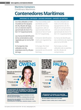 Guía Logística y de Comercio Exterior XVIII - 2021-2022 - www.guialogistica.info
40
ContenedoresMarítimos
Maritime Containers
Contêiners Marítimos
DIMENSIONES DEL CONTENEDOR / CONTAINER DIMENSIONS / DIMENSÕES DO CONTÊINER
Los más utilizados a nivel
mundial son los equipos
de 20 y 40 pies de largo,
con un volumen interno
aproximado de 32,6 m³ y
66,7 m³ respectivamente.
Las marcas de identificación
de los contenedores están
reguladas por la norma ISO
6346.
En Europa los más
utilizados son los
estándares de 20 y 40 pies
de largo.
The most widely used
worldwide are the
20 and 40 foot long
equipment, with an
approximate internal
volume of 32.6 m³ and
66.7 m³ respectively.
Container identification
marks are regulated by
ISO 6346.
In Europe, the most
commonly used
standards are 20 and 40
feet long.
Os mais utilizados em
todo o mundo são os
equipamentos de 20 e
40 pés de comprimento,
com um volume interno
aproximado de 32,6 m³ e
66,7 m³, respectivamente.
As marcas de identificação
dos contêineres são reguladas
pela norma ISO 6346.
Na Europa, os mais
utilizados são os padrões
de 20 e 40 pés de
comprimento.
Guía Logística y de Comercio Exterior
40
 