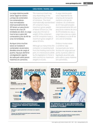 Guía Logística y de Comercio Exterior XVIII - 2021 - 2022 - www.guialogistica.info
41
CARGA MÁXIMA / MAXIMAL LOAD
La carga máxima puede
variar según la naviera
y el tipo de contenedor.
Los contenedores
mas normalizados
internacionalmente de
20’ tienen un peso bruto
máximo de unas 29
toneladas (es decir, la carga
mas la tara o peso del
contenedor) y los de 40’ de
unas 32 toneladas.
Aunque como muchas
veces se traslada el
contenedor vía terrestre
desdela zona de carga al
puerto, hay que atenerse
a la legislación vigente
de cada país sobre pesos
máximos en camiones.
The maximum load may
vary depending on the
shipping line and the type
of container. The most
internationally standardized
20’ containers have a
maximum gross weight
of about 29 tons (i.e., the
cargo plus the tare or
weight of the container)
and 40’ containers have a
maximum gross weight of
about 32 tons.
Although as many times the
container is moved by land
from the loading area to the
port, it is necessary to abide
by the legislation in force in
each country on maximum
weights in trucks.
A carga máxima pode
variar dependendo da
empresa de transporte
marítimo e do tipo de
contêiner. Os contêineres
de 20 ‘mais padronizados
internacionalmente têm um
peso bruto máximo de cerca
de 29 toneladas (ou seja, a
carga mais a tara ou o peso
do contêiner) e os de 40’ de
cerca de 32 toneladas.
Embora muitas vezes
o contêiner seja
transportado por terra
da área de carga para ao
porto, é preciso aderir à
legislação atual de cada
país sobre o peso máximo
em caminhões.
www.guialogistica.info 41
 