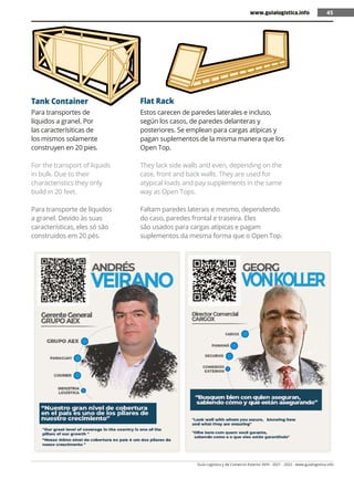 Guía Logística y de Comercio Exterior XVIII - 2021 - 2022 - www.guialogistica.info
45
Tank Container Flat Rack
Para transportes de
líquidos a granel. Por
las caracterísiticas de
los mismos solamente
construyen en 20 pies.
For the transport of liquids
in bulk. Due to their
characteristics they only
build in 20 feet.
Para transporte de líquidos
a granel. Devido às suas
características, eles só são
construidos em 20 pés.
Estos carecen de paredes laterales e incluso,
según los casos, de paredes delanteras y
posteriores. Se emplean para cargas atípicas y
pagan suplementos de la misma manera que los
Open Top.
They lack side walls and even, depending on the
case, front and back walls. They are used for
atypical loads and pay supplements in the same
way as Open Tops.
Faltam paredes laterais e mesmo, dependendo
do caso, paredes frontal e traseira. Eles
são usados ​​
para cargas atípicas e pagam
suplementos da mesma forma que o Open Top.
www.guialogistica.info 45
 