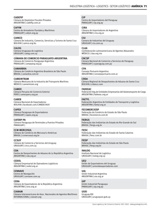 INDUSTRIA LOGÍSTICA - LOGISTICS - SETOR LOGÍSTICO AMÉRICA 71
Guía Logística y de Comercio Exterior 2021-2022 - www.guialogistica.info
CADEFIP
Cámara de Depósitos Fiscales Privados
ARGENTINA | cadefip.com.ar
CAFYM
Centro de Armadores Fluviales y Marítimos
PARAGUAY | cafym.org.py
CAINCO
Cámara De Industria, Comercio, Servicios y Turismo de Santa Cruz
BOLIVIA | cainco.org.bo
CALOG
Cámara Uruguaya de Logística
URUGUAY | calog.com.uy
CÁMARA DE COMERCIO PARAGUAYO-ARGENTINA
Cámara de Comercio Paraguayo Argentina
PARAGUAY | campyarg.org.py
CAMARBRA
Câmara de Comércio Argentino Brasileira de São Paulo
BRASIL | camarbra.com.br
CAMEINTRAM
Cámara Mexicana de la Industria del Transporte Marítimo
MÉXICO | cameintram.org
CAMEX
Cámara Peruana de Comercio Exterior
PERÚ | camezperu.org.pe
CANEB
Cámara Nacional de Exportadores
BOLIVIA | facebook.com/CANEB1969/
CAPEX
Cámara Paraguaya de Exportadores
PARAGUAY | capex.org.py
CATERP PA
Cámara Paraguaya de Terminales y Puertos Privados
PARAGUAY |
CCM MERCOSUL
Câmara de Comércio do Mercosul e Américas
BRASIL | ccmercosul.org.br
CCSUY
Cámara de Comercio y Servicios del Uruguay
URUGUAY | cncs.com.uy
CDA
Centro de Despachantes de Aduana de La República Argentina
ARGENTINA | cda.org.ar
CEDOL
Cámara Empresarial de Operadores Logísticos
ARGENTINA | cedol.org.ar
CENNAVE
Centro de Navegación
URUGUAY | cennave.com.uy
CERA
Cámara de Exportadores de la República Argentina
ARGENTINA | cera.org.ar
CIANAM
Cámara Interamericana de Asoc. Nacionales de Agentes Marítimos
INTERNACIONAL | cianam.org
CIP
Centro de Importadores del Paraguay
PARAGUAY | cip.org.py
CIRA
Cámara de Importadores de Argentina
ARGENTINA | cira.org.ar
CIU
Camara de Industrias del Uruguay
URUGUAY | ciu.com.uy
CLAA
Confederación Latinoamericana de Agentes Aduanales
MÉXICO | claa.org.mx
CNCSP
Cámara Nacional de Comercio y Servicios de Paraguay
PARAGUAY | ccparaguay.com.py
CPA
Consejo Portuario Argentino
ARGENTINA | consejoportuario.com.ar
CRDA
Cámara Regional de Despachantes de Aduana de Santa Cruz
BOLIVIA | crdascz.com
FADEEAC
Federación Arg.de Entidades Empresarias del Autotransporte de Carga
ARGENTINA | fadeeac.org.ar
FAETYL
Federación Argentina de Entidades de Transporte y Logística
ARGENTINA | faetyl.org.ar
FECOMERCIOSP
Federação do Comércio do Estado de São Paulo
BRASIL | fecomercio.com.br
FIERGS
Federação das Indústrias do Estado do Rio Grande do Sul
BRASIL | fiergs.org.br
FIESC
Federação das Indústrias do Estado de Santa Catarina
BRASIL | fiesc.com.br
FIESP
Federação das Indústrias do Estado de São Paulo
BRASIL | fiesp.org.br
INALOG
Instituto Nacional de Logística
URUGUAY | inalog.org.uy
UEU
Unión de Exportadores del Uruguay
URUGUAY | uniondeexportadores.com
UIA
Unión Industrial Argentina
ARGENTINA | uia.org.ar
UIP
Unión Industrial Paraguaya
PARAGUAY | uip.org.py
UXXI
Uruguay XXI
URUGUAY | uruguayxxi.gub.uy
 