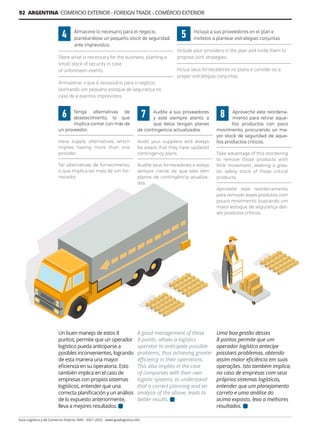 Guía Logística y de Comercio Exterior XVIII - 2021-2022 - www.guialogistica.info
92 ARGENTINA COMERCIO EXTERIOR - FOREIGN TRADE - COMÉRCIO EXTERIOR
Un buen manejo de estos 8
puntos, permite que un operador
logístico pueda anticiparse a
posibles inconvenientes, logrando
de esta manera una mayor
eficiencia en su operatoria. Esto
también implica en el caso de
empresas con propios sistemas
logísticos, entender que una
correcta planificación y un análisis
de lo expuesto anteriormente,
lleva a mejores resultados.
A good management of these
8 points, allows a logistics
operator to anticipate possible
problems, thus achieving greater
efficiency in their operations.
This also implies in the case
of companies with their own
logistic systems, to understand
that a correct planning and an
analysis of the above, leads to
better results.
Uma boa gestão desses
8 pontos permite que um
operador logístico antecipe
possíveis problemas, obtendo
assim maior eficiência em suas
operações. Isto também implica,
no caso de empresas com seus
próprios sistemas logísticos,
entender que um planejamento
correto e uma análise do
acima exposto, leva a melhores
resultados.
6 7 8
Tenga alternativas de
abastecimiento, lo que
implica contar con más de
un proveedor.
Have supply alternatives, which
implies having more than one
provider.
Ter alternativas de fornecimento,
o que implica ter mais de um for-
necedor.
Audite a sus proveedores
y esté siempre atento a
que éstos tengan planes
de contingencia actualizados.
Audit your suppliers and always
be aware that they have updated
contingency plans.
Audite seus fornecedores e esteja
sempre ciente de que eles têm
planos de contingência atualiza-
dos.
Aproveche este reordena-
miento para retirar aque-
llos productos con poco
movimiento, procurando un ma-
yor stock de seguridad de aque-
llos productos criticos.
Take advantage of this reordering
to remove those products with
little movement, seeking a grea-
ter safety stock of those critical
products.
Aproveite esse reordenamento
para remover esses produtos com
pouco movimento, buscando um
maior estoque de segurança des-
ses produtos críticos.
5 Incluya a sus proveedores en el plan e
invítelos a plantear estrategias conjuntas
Include your providers in the plan and invite them to
propose joint strategies.
Inclua seus fornecedores no plano e convide-os a
propor estratégias conjuntas.
Almacene lo necesario para el negocio,
plantéandose un pequeño stock de seguridad
ante imprevistos.
Store what is necessary for the business, planting a
small stock of security in case
of unforeseen events
Armazenar o que é necessário para o negócio,
plantando um pequeno estoque de segurança no
caso de e eventos imprevistos
4
 