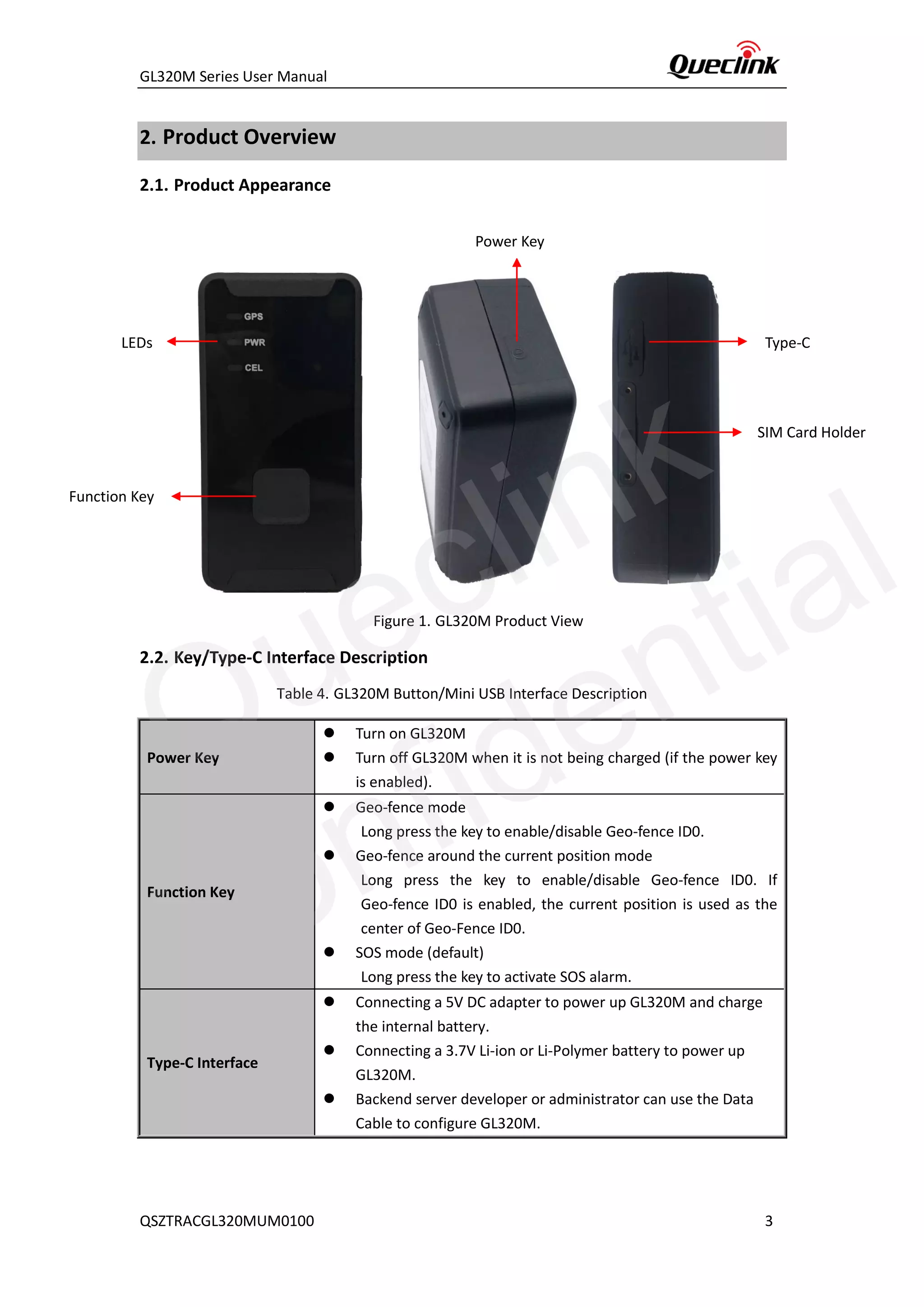 GL320M Series User Manual
QSZTRACGL320MUM0100 3
2. Product Overview
2.1. Product Appearance
Figure 1. GL320M Product View
2.2. Key/Type-C Interface Description
Table 4. GL320M Button/Mini USB Interface Description
Power Key
⚫ Turn on GL320M
⚫ Turn off GL320M when it is not being charged (if the power key
is enabled).
Function Key
⚫ Geo-fence mode
Long press the key to enable/disable Geo-fence ID0.
⚫ Geo-fence around the current position mode
Long press the key to enable/disable Geo-fence ID0. If
Geo-fence ID0 is enabled, the current position is used as the
center of Geo-Fence ID0.
⚫ SOS mode (default)
Long press the key to activate SOS alarm.
Type-C Interface
⚫ Connecting a 5V DC adapter to power up GL320M and charge
the internal battery.
⚫ Connecting a 3.7V Li-ion or Li-Polymer battery to power up
GL320M.
⚫ Backend server developer or administrator can use the Data
Cable to configure GL320M.
LEDs
Function Key
Power Key
Type-C
SIM Card Holder
Queclink
Confidential
 