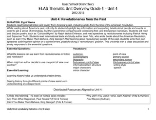 Isaac School District No.5
                                  ELAS Thematic Unit Overview Grade 4 – Unit 4
                                                                 2012-2013

                                                  Unit 4: Revolutionaries from the Past
DURATION: Eight Weeks
Students read historical fiction and poetry from America’s past, including works from the time of the American Revolution.
While reading about America’s past, not only do students highlight key information and supporting details about people and events in
order to get a sense of chronology, but they spend time comparing and contrasting first- and third-person narratives. Students will read
and discuss poetry, such as “Concord Hymn” by Ralph Waldo Emerson, and read speeches by revolutionaries including Patrick Henry
and Sojourner Truth. Students read informational texts and study author Jean Fritz, who wrote books about the American Revolution,
such as Can’t You Make Them Behave, King George? After learning about revolutionary people of the past, students write their own
speeches outlining their opinion on a current event, possibly taking a “revolutionary” position. This unit ends with a class discussion and
essay responses to the essential questions.
Essential Questions:                                               Vocabulary:

What life lessons can we learn from revolutionaries in fiction     audience                             point of view
and nonfiction?                                                    autobiography                        primary source
                                                                   biography                            secondary source
When might an author decide to use one point of view over          first-person point of view           third-person point of view
another?                                                           informational text structure         writing style
                                                                   major characters                      speech
Essential Learning:                                                minor character

Learning history helps us understand present times.

Seeing history through different points of view assist us in
understanding at a deeper level.

                                                   Distributed Resources Aligned to Unit 4:

A Ride Into Morning: The Story of Tempe Wick (Rinaldi)                          Why Don’t You Get A Horse, Sam Adams? (Fritz & Hyman)
And Then What Happened, Paul Revere? (Fritz & Tomes)                            Paul Revere (Sullivan)
Can’t You Make Them Behave, King George? (Fritz & Tomes)

Underlined vocabulary indicates a Tier II word.                                                                                           1
 