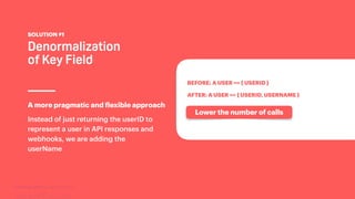 TwitchCon 2018 San Jose, California
Instead of just returning the userID to
represent a user in API responses and
webhooks, we are adding the
userName
A more pragmatic and flexible approach
Denormalization
of Key Field
SOLUTION #1
BEFORE: A USER == { USERID }
AFTER: A USER == { USERID, USERNAME }
Lower the number of calls
 