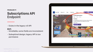 TwitchCon 2018 San Jose, California
Subscriptions API
Endpoint
PROBLEM #1
- Exists in the legacy v5 API
BUT:
- Unreliable; some fields are inconsistent
- Suboptimal design; legacy API is too
permissive
 