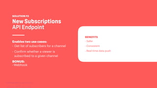 TwitchCon 2018 San Jose, California
New Subscriptions
API Endpoint
SOLUTION #3
Enables two use cases:
- Get list of subscribers for a channel
- Confirm whether a viewer is
subscribed to a given channel
BONUS:
-Webhook
BENEFITS
- Safer
- Consistent
- Real-time data push
 