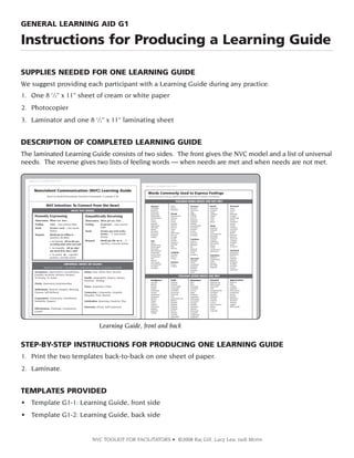 GENERAL LEARNING AID G1

Instructions for Producing a Learning Guide
SUPPLIES NEEDED FOR ONE LEARNING GUIDE
We suggest providing each participant with a Learning Guide during any practice.
1. One 8 1/2” x 11” sheet of cream or white paper
2. Photocopier
3. Laminator and one 8 1/2” x 11” laminating sheet

DESCRIPTION OF COMPLETED LEARNING GUIDE
The laminated Learning Guide consists of two sides. The front gives the NVC model and a list of universal
needs. The reverse gives two lists of feeling words — when needs are met and when needs are not met.

Learning Guide, front and back

STEP-BY-STEP INSTRUCTIONS FOR PRODUCING ONE LEARNING GUIDE
1. Print the two templates back-to-back on one sheet of paper.
2. Laminate.

TEMPLATES PROVIDED
• Template G1-1: Learning Guide, front side
• Template G1-2: Learning Guide, back side

NVC TOOLKIT FOR FACILITATORS • ©2008 Raj Gill, Lucy Leu, Judi Morin

 