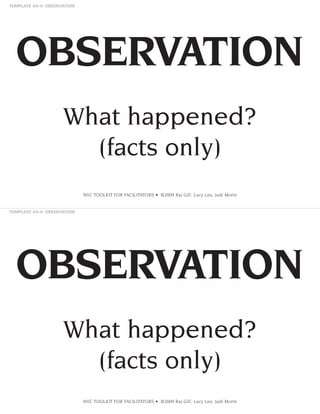 OBSERVATION
What happened?
(facts only)
NVC TOOLKIT FOR FACILITATORS • ©2009 Raj Gill, Lucy Leu, Judi Morin

OBSERVATION
What happened?
(facts only)
NVC TOOLKIT FOR FACILITATORS • ©2009 Raj Gill, Lucy Leu, Judi Morin

 