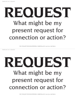 REQUEST
What might be my
present request for
connection or action?
NVC TOOLKIT FOR FACILITATORS • ©2009 Raj Gill, Lucy Leu, Judi Morin

REQUEST
What might be my
present request for
connection or action?
NVC TOOLKIT FOR FACILITATORS • ©2009 Raj Gill, Lucy Leu, Judi Morin

 