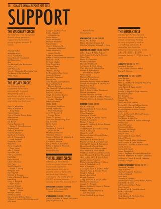 18 GLAAD’S ANNUAL REPORT 2011-2012




SUPPORT
18 GLAAD’S ANNUAL REPORT 2011-2012




THE VISIONARY CIRCLE                 Craig H. Lindhurst Trust
                                     Karen Magee &
                                                                               Ramon Torres
                                                                             Anonymous                            THE MEDIA CIRCLE
the visionary circle recognizes         Aimee Levine                                                              members of the media circle
                                                                             		
donors whose generous                Byron Mason                                                                  are major donors providing the
                                     Susan Mcdonald
                                                                             PRODUCER $25,000 - $49,999
support and culmulative                                                      Bruce W.	 Bastian	                   critical unrestricted funding
giving to glaad exceeds $1           Michael McShane                                                              to carry out glaad’s work as
                                                                             Dana Chaiken & Susan Roll
                                     Frank Miller
million.                                                                     Michael Wagner & Joseph H. Lima      a watchdog, advocate, &
                                     Alan L. Mittelsdorf &
                                        Jeannette Mittelsdorf                                                     storyteller. We thank the
Absolut Vodka                        David Mizener &                         EDITOR-IN-CHIEF $10,000 - $24,999    following individuals who made
Anheuser-Busch                          Arturo Carrillo                      John August & Mike August            gifts of $1,500 to $4,999
Arcus Foundation                     Karen A. Moschetto                      John French & Craig M. Norton        between January 1, 2011 to June 15,
David Bohnett Foundation             Estate of Phillip Michael Newman        Sheri Fults	                         2012
Gill Foundation                      Michael J. Nutt                         Kevin D. Gonzalez	
IBM                                  C. Gary Ogden                           Robert Greenblatt	
The Michael Palm Foundation          Peter Padvaiskas                        David V. Hedley, III		               ANALYST $3,500 - $4,999
MillerCoors                          Andrew Palese                           Lori James & Mark James              Jennifer F. Boylan
MTV Networks                         Jess Perlmuth                           Carl Johnson & Gordon Sze            Cody Lassen & Nitzan Mekel
Terry K. Watanabe Charitable Trust   Walter J. Phillips                      Joseph B. Kittredge &                Bruce D. Marcus
The Estate of Ric Weiland            Ed Ragsdale & Leo Corzo                    Winand Van Eeghen
                                     Janice A. Raspen                        Marc Levine	
Wells Fargo                                                                                                       REPORTER ($2,500 - $3,499)
                                     Daniel K. Raymond                       Barbara Manocherian	
                                                                             Kenneth B.	Mehlman	                  Juan Barajas	
                                     Patrice Reid
                                                                             Jonathan Murray & Harvey Reese       Alvin H. Baum	
                                     Sally Ringo & Juli Buchanan
THE LEGACY CIRCLE                    Charles Robbins &                       Joseph Northington & Timothy Tew     Peter C. Bickford & Gregory McCarthy
                                                                                                                  Siggi Bjarnason	
the following glaad                     Damon Romine                         Michael J.	 Nutt	
                                                                             Mark G. Reisbaum	                    Luigi Caiola & Sean McGill
supporteds have made                 The Estate of Catherine Roland
                                                                             Rich S. Ross & Adam Sanderson        Colby Conner	
planned gifts to glaad,              Benjamin Scheie
                                                                             Blaine Templeman                     Ronald D’Angelo & Scott Newman
                                     Robert L. Schwartz
designating us as a                                                          Toyota Financial Services	           Michael P.	Dillon	
                                     Angel Silva & Ray Espino
beneficiary of their estate                                                  Michael Trythall & Matthew Walker    Eric Douglas	
                                     Karen A. Simonsen &
and ensuring glaad’s success                                                 Stephen Warren & George Harangody    Robert M. 	Eichler	
                                        Linda J. Sherline
                                                                                                                  Nelsan Ellis	
and vitality into the future.        Jeffrey Skorneck
                                                                                                                  Don Frey & Jim Pretlow
                                     Wally Smith                             EDITOR $5000 - $9,999                Richard W. Garnett & Ross Murray
David I. Abramson                    Carmichael Smith-Low                    Ian A. Andrusyk	                     Patricia Hallstein & Axel Kramer	
Ward Auerbach &                      Jeremy Stanford &                       Randy Barbato & Fenton Bailey        Richard Hamer & Adam Sandel
   Andy Baker                           Paul McCullough                      Jarrett T. Barrios	                  Kelli Herd	
Herbert Baker                        John W. Stewart &                       Chad Boettcher	                      James C. Hormel & Michael Nguyen
Trust of Charles Edwin Baker            Ramon Torres                         George A.	Cheeks	                    Daniel S. Kaufman	
Allen Barnett                        David G. Stinson                        Frank Ching & Charley Kearns         Tom Keyes & Keith Fox
Keith Boman                          Cora Ann Styles Living Trust            Patrick A. Correnty	                 Michael Lammons & Taylor Yarbrough
Jon Borset                           Lee Sylvester                           Robert P. Denny	                     Walter Leiss	
Donnie Bourisaw &                    David Taylor                            James D. Fielding & Edison Briones   Robert D. Lemon	
   Steven R. Gales-Bourisaw          Stephen Te                              Dean Hansell	                        Christine McGinn	
Thomas Boyd                          Margaret A. Traub &                     Todd Holland & Scotch E. Loring      Thomas J. McGough		
Kelley L. Buchanan                      Phyllis Dicker                       Mark A. Howard	                      Gary Meade, M.D.	
Rosemary Bybee                       Heather Trumbower                       Susan R. Jerich	                     Peter H. Nee	
Bradford M. Clarke                   Warren J. Warren                        Barbara Jobes & Rhonda Drake         Kevin Oldis & Susan Oldis
John D. Claypoole &                  Estate of Richard W. Weiland &          Milla Jovovich	                      Robert O’Leary	
   Frank Vasquez                        Michael Schaefer                     Alan Keith	& Richard Brand           Stosh Ostrow & Allen Walterman
Robert M. Cohn                       Christian F. Winkle                     Rachel Lehman & Laurie Lehman        Jack Sansolo & Dean Waller
Rick Davis                           Lori J. Wolf & Carol Leifer             Michael W. Levine & Kim Lemon        Shannon S. Scoville & Sheri Knesek
Dana Douglas &                       Estate of James B. Wozniak              Bryan Lourd & Bruce Bozzi            Joel E. Simkins	
   Doug Inman                        Mark B. Wyn                             Gwen Marcus & Nancy Alpert           Richard W. Smith	
John P. Fludas                       Richard Yorkey                          Paul Mareski & Sean Moher            James Spiegelhoff	
David W. Gill                                                                Matthew Marks & Jack Bankowsky       John F. Stephens & Razmik Ekmekdjian
Neil G. Giuliano                                                             Jane Marquardt & Tami Marquardt      Michael Streefland & Darryl Carbonaro
Ken Glass
Dean Hansell                         THE ALLIANCE CIRCLE                     Anil Mohin, M.D. & John Scholz
                                                                             Joseph James Mulcahy	
                                                                                                                  William M. Tomai & John E. Sebesta
                                                                                                                  Joseph F. Tringali	
Charlie Harrison                     members of the alliance                 Robert Murray & Bruce N. Davis
Dan Hess                             circle are major donors who             John P. Ouderkirk, M.D.	
Todd Holland &
                                                                                                                  CORRESPONDENT $1,500 - $2,499
                                     have made significant                   Karl A. Pettijohn	
                                                                                                                  Thomas R.	Anable	
   Scotch E. Loring                  commitments to invest in                J. Douglas	Piper & Scott E. Miller
                                                                                                                  Yann Antonioli	
Margot I. Irish                                                              Annette Pizzo & Andrew Pizzo
David Jarrett
                                     glaad’s vision of full euality.                                              Tess Ayers & Jane Anderson
                                                                             Mark E. Pollack	
                                     we thank the following                                                       Andrew Bagnall	
Michael B. Keegan                                                            Rosie’s Bar & Grill	
                                     individuals who made gifts of                                                Jana Belot	
Estate of Robert L. Kehoe                                                    Russell Simmons	
                                     $5,000 or more between                                                       Thomas W. Bindert	
Peter King                                                                   Greg Swalwell & Terry Connor
                                                                                                                  Jonathan Boyles & James Robert Adams
Gary A. Knight &                     January 1, 2011 to June 15, 2012        Michael V.	Thompson	
                                                                                                                  Robert M.	 Browne	
   Keith Austin                                                              Joseph F.	 Tringali	
                                                                                                                  Jeff Brustrom & Todd Fisher
Leonard Kraisel                      DIRECTOR $100,000 - $249,000            Roman Valdez & Wayne J. Zahner
                                                                                                                  Dan Carucci	
Robert W. Kuhn &                     Esmond V. Harmsworth &                  James Wagner	
                                                                                                                  Richard Clair & David Hubbard
   Steven E. Geyer                   	 James Richardson                      Nathan Woodard-Persily &
                                                                                                                  Keith Clinkscales	
Marilyn Lamkay                                                                  Seth Woodard
                                                                                                                  Tony Coelho	
Jeffrey G. Leeds                                                             Craig Zodikoff & Jay Grant
                                     PUBLISHER $50,000 - $99,000                                                  Nick Contino & Nicholas Hass
Dane Levens & Drew Desky
                                     Judith Gluckstern & Steven Gluckstern                                        DeAndre J.	 evane	
                                                                                                                              D
William C. Lewis & Rick Underwood
Billy Lewis                          John W.Stewart III &
 