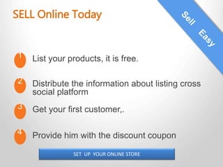 List your products, it is free.
SELL Online Today
1
2
3
4
Distribute the information about listing cross
social platform
Get your first customer,.
Provide him with the discount coupon
SET UP YOUR ONLINE STORE
 