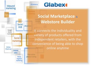 Social Marketplace &
Webstore Builder
It connects the individuality and
variety of products offered from
independent retailers, with the
convenience of being able to shop
online anytime
 