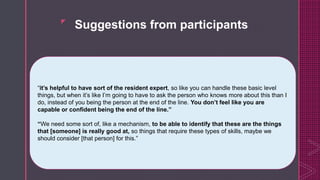 z
Suggestions from participants
 Consider developing Resident Experts, for ex. Statistics, data visualization
Retraining existing subject specialists
New subject specialist hires with needed skills
“it’s helpful to have sort of the resident expert, so like you can handle these basic level
things, but when it’s like I’m going to have to ask the person who knows more about this than I
do, instead of you being the person at the end of the line. You don’t feel like you are
capable or confident being the end of the line.”
“We need some sort of, like a mechanism, to be able to identify that these are the things
that [someone] is really good at, so things that require these types of skills, maybe we
should consider [that person] for this.”
 