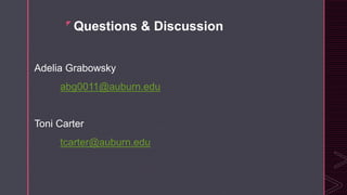 z
Questions & Discussion
Adelia Grabowsky
abg0011@auburn.edu
Toni Carter
tcarter@auburn.edu
 