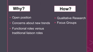 z
 Open position
 Concerns about new trends
 Functional roles versus
traditional liaison roles
 Qualitative Research
 Focus Groups
Why? How?
 