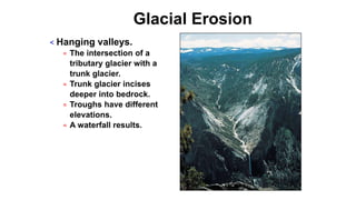 Glacial Erosion
< Hanging valleys.
= The intersection of a
tributary glacier with a
trunk glacier.
= Trunk glacier incises
deeper into bedrock.
= Troughs have different
elevations.
= A waterfall results.
 