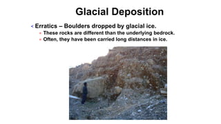 Glacial Deposition
< Erratics – Boulders dropped by glacial ice.
= These rocks are different than the underlying bedrock.
= Often, they have been carried long distances in ice.
 