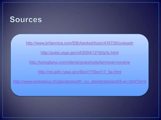http://www.britannica.com/EBchecked/topic/435726/outwash
http://pubs.usgs.gov/of/2004/1216/tz/tz.html
http://luirogliano.com/clients/grassroots/terminal-moraine
http://rst.gsfc.nasa.gov/Sect17/Sect17_5a.html
http://www.swisseduc.ch/glaciers/earth_icy_planet/glaciers05-en.html?id=4
 