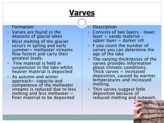 Varves
 Formation:
 Varves are found in the
deposits of glacial lakes
 Most melting of the glacier
occurs in spring and early
summer= meltwater streams
flow fastest and carry their
greatest loads.
 Fine material is held in
suspension in the lake whilst
heavier material is deposited
 As autumn and winter
approach= capacity and
competence of the meltwater
streams is reduced due to less
melting and less meltwater =
finer material to be deposited
 Description
 Consists of two layers – lower
layer = sandy material –
upper layer = darker silt
 F you count the number of
varves you can determine the
age of the lake
 The varying thicknesses of the
varves provides information
about climatic conditions.
Thick varves = increased
deposition, caused by warmer
temperatures and increased
melting.
 Thin varves suggest little
deposition because of
reduced melting and outwash.
 
