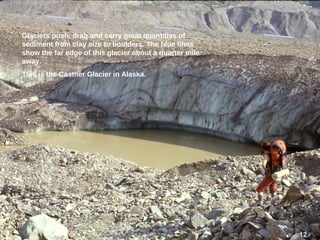 12
Glaciers push, drag and carry great quantities of
sediment from clay size to boulders. The blue lines
show the far edge of this glacier about a quarter mile
away.
This is the Castner Glacier in Alaska.
1212
 