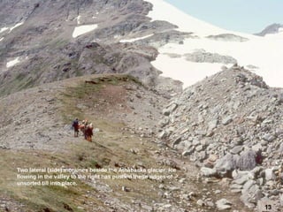 Two lateral (side) moraines beside the Athabaska glacier. Ice
flowing in the valley to the right has pushed these ridges of
unsorted till into place.
1313
 