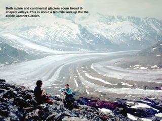36
Both alpine and continental glaciers scour broad U-
shaped valleys. This is about a ten mile walk up the the
alpine Castner Glacier.
36
 