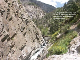 37
A V-shaped stream valley such
as this in the Rocky Mountains
of Colorado is the work of
stream erosion.
 
