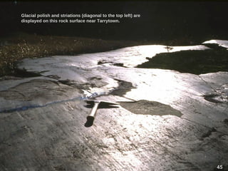 Glacial polish and striations (diagonal to the top left) are
displayed on this rock surface near Tarrytown.
45
 