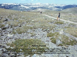 Pattern Ground
Pattern ground is rock pushed into polygons by the freeze-thaw cycles in a
post-glacial climate. This image is a location in the Rocky Mountains, but
similar patterned ground can be observed in some Catskill forest locations.
6565
 
