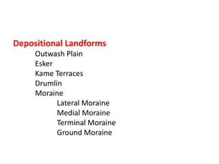 Depositional Landforms
Outwash Plain
Esker
Kame Terraces
Drumlin
Moraine
Lateral Moraine
Medial Moraine
Terminal Moraine
Ground Moraine
 