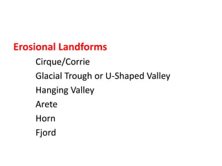 Erosional Landforms
Cirque/Corrie
Glacial Trough or U-Shaped Valley
Hanging Valley
Arete
Horn
Fjord
 