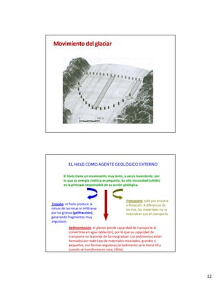 Movimiento del glaciar




             EL HIELO COMO AGENTE GEOLÓGICO EXTERNO
             EL HIELO

         El hielo tiene un movimiento muy lento, a veces inexistente, por 
         lo que su energía cinética es pequeña. Su alta viscosidad (sólido) 
         es la principal responsable de su acción geológica.



                                                    Transporte: sólo por arrastre 
 Erosión: el hielo produce la                       o flotación. A diferencia de 
rotura de las rocas al infiltrarse                  los ríos, los materiales no se 
por las grietas (gelifracción),                     redondean con el transporte. 
generando fragmentos muy 
angulosos.
             Sedimentación: el glaciar pierde capacidad de transporte al 
             convertirse en agua (ablación), por lo que su capacidad de 
             transporte no la pierde de forma gradual. Los sedimentos están 
             formados por todo tipo de materiales mezclados, grandes y 
             pequeños, con formas angulosas (al sedimento se le llama till y 
             cuando se transforma en roca, tillita).




                                                                                      12
 