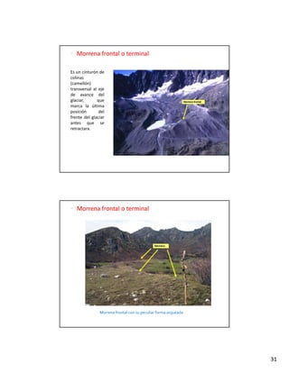 Morrena frontal o terminal

Es un cinturón de
colinas
(camellón)
transversal al eje
t          l l j
de avance del
glaciar,      que
marca la última
posición       del
frente del glaciar
antes que se
retractara.




   Morrena frontal o terminal




               Morrena frontal con su peculiar forma arqueada




                                                                31
 