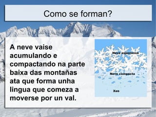 Como se forman?
A neve vaise
acumulando e
compactando na parte
baixa das montañas
ata que forma unha
lingua que comeza a
moverse por un val.
Neve esponxosa
Neve compacta
Xeo
 